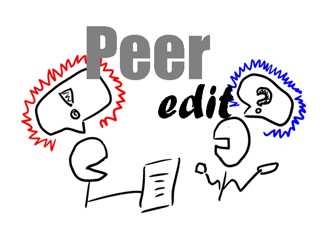 Line drawing of two people talking about a paper with the words peer editing at the top.