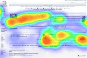 Wikipedia page with orange, green, yellow, blue and purple smudged circles on top showing how people look at a website with the orange sections being where the eye looks longest.