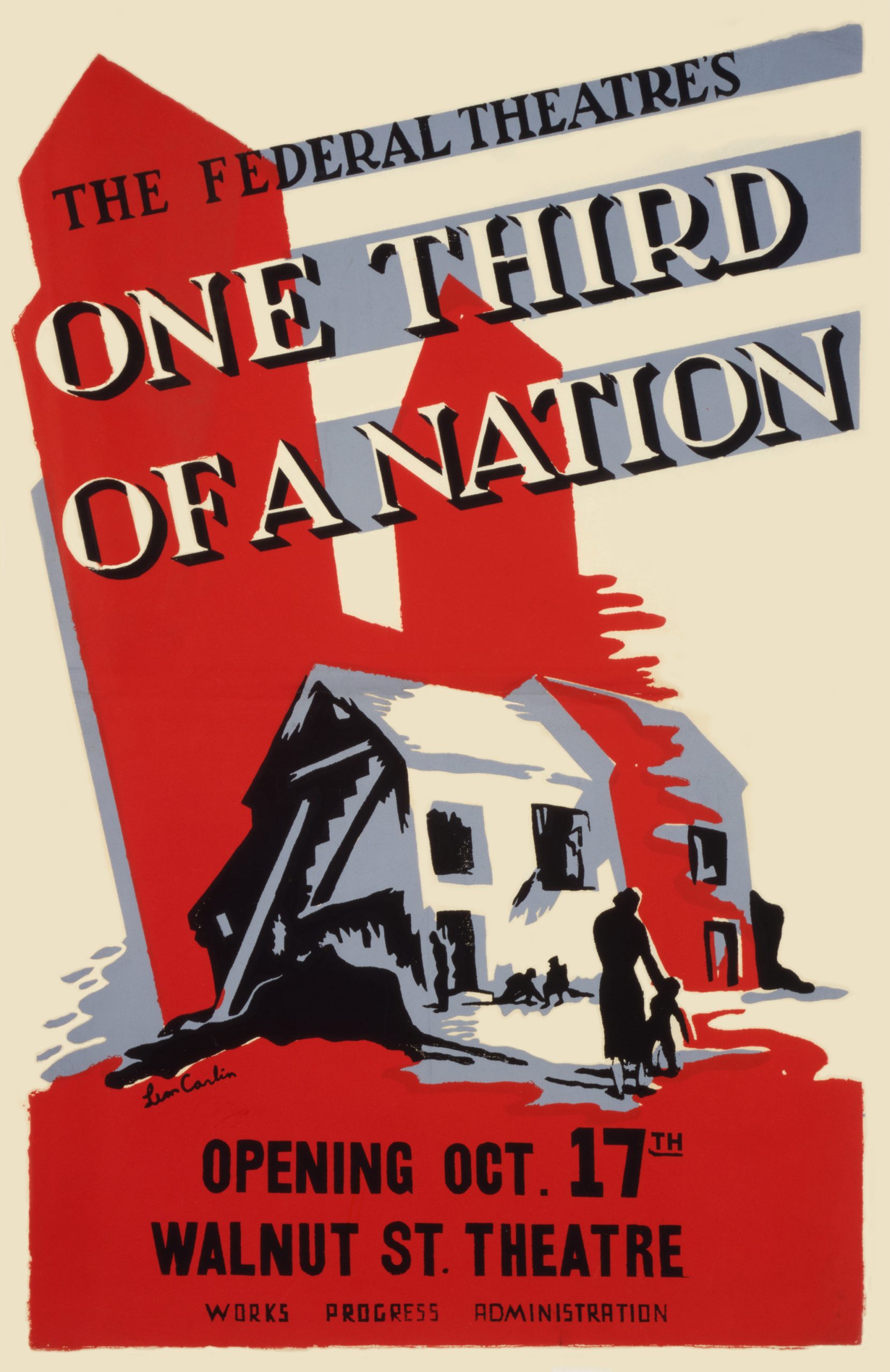 One third of nation poster shows contrasting color red, gray, and black.